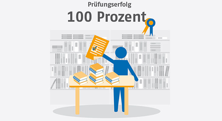 Eine Illustration einer Figur, die hinter einem Büchertisch steht und ihr Zeugnis hochhält