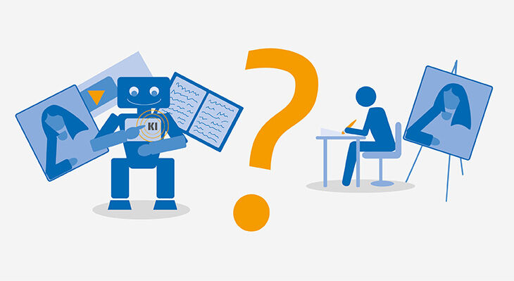 Die Grafik zeigt eine Person, die an einem Tisch sitzt und an einem Bild arbeitet. Daneben steht ein KI-Roboter, der das gleiche Bild erstellt hat.