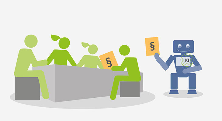 Die Grafik zeigt eine Personengruppe, die an einem Tisch sitzt und an einem Paper arbeitet. Etwas abseits steht ein KI-Roboter, der ein eigenes Paper entwickelt hat.