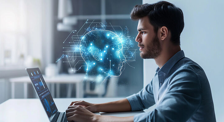 Ein junger Mann arbeitet an seinem Laptop, vor ihm schwebt eine Projektion in Form eines KI-Kopfes