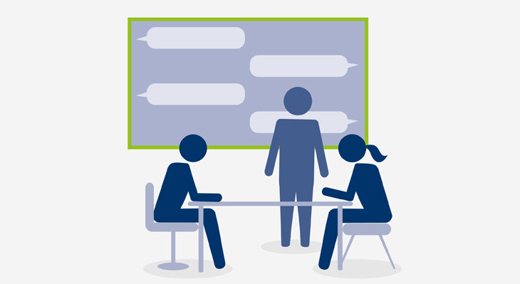 Infografik zeigt ein Klassenzimmer mit zwei Schüler:innen und einer Lehrperson und am Whiteboard sieht man Chat Sprechblasen